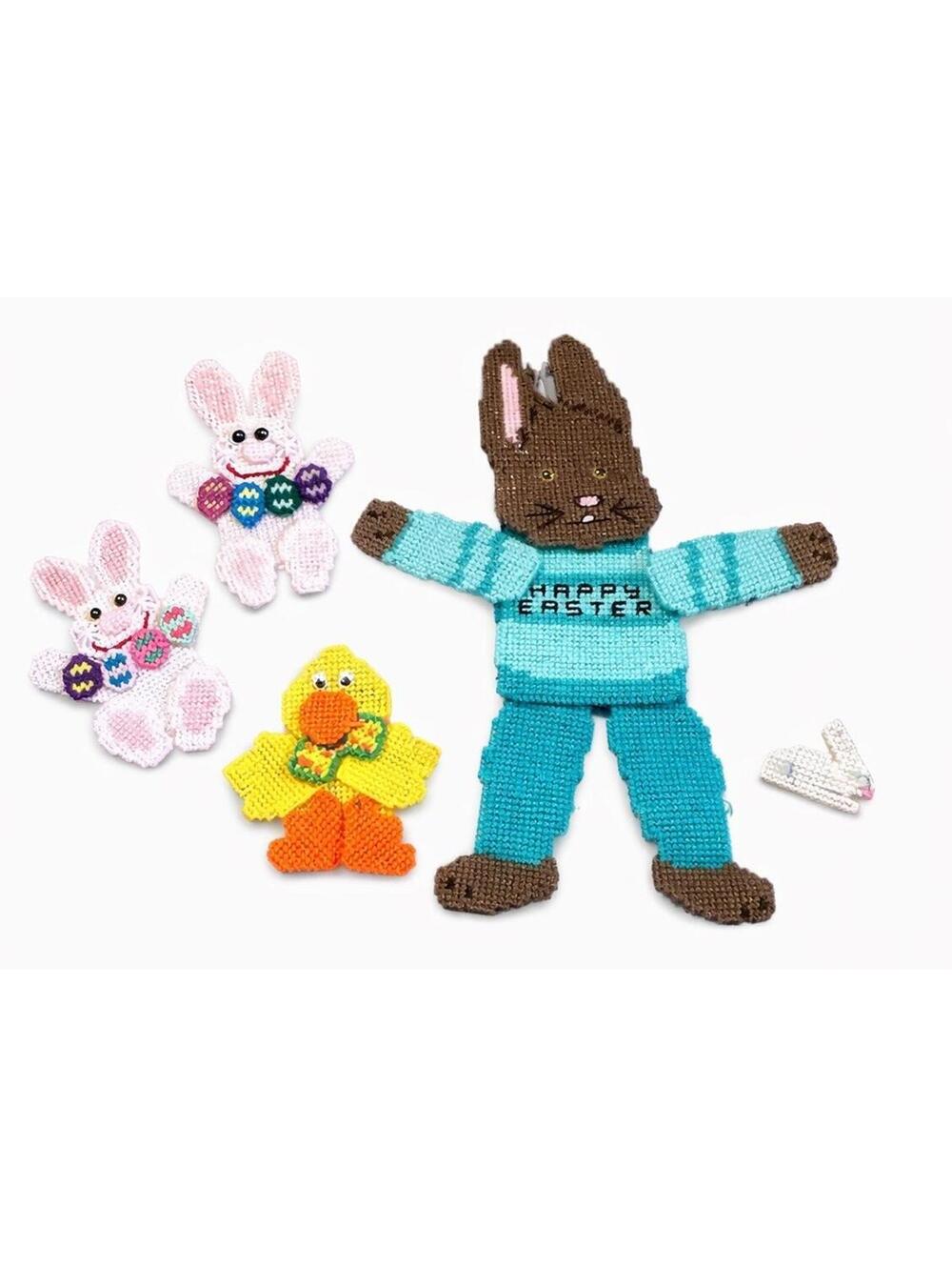 Vintage Handmade Easter Needlepoint Bunny Duck Wall Hanging Decor Lot